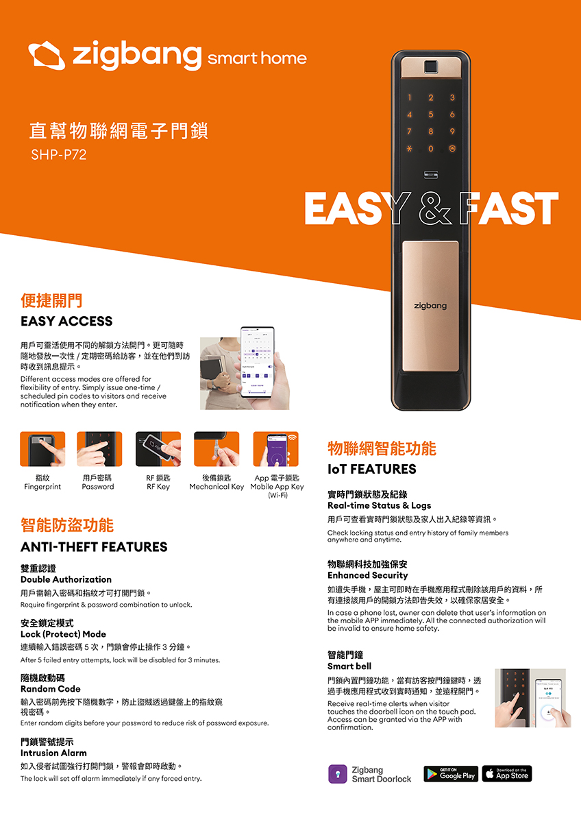 Zigbang smart door lock, SHP-P72, Fingerprint, password, rd card, key, mobile App key 